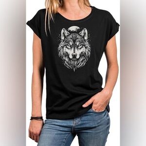 Vintage Y2K Wolf Gold Print Graphic Tee Super Stretch Comfy Black Size S M‌‌